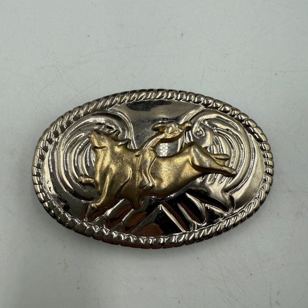 Vintage Western Bull Riding Belt Buckle‎ Silver Gold Tone Rodeo Cowboy Oval 3.5"